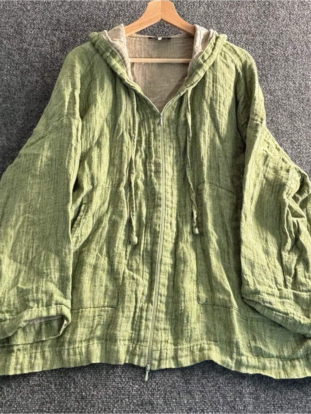 eskandar Olive Green Linen Top with Light Green Trim